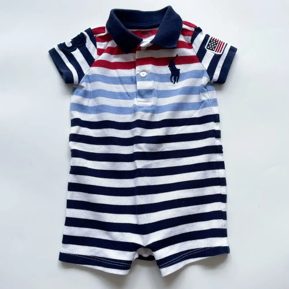 Boy's Polo Ralph Lauren One Piece Red White Blue Striped Large Pony Size 9 Month
